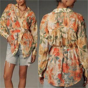 Anthropologie Floral Button-Up Top - Orange and Green